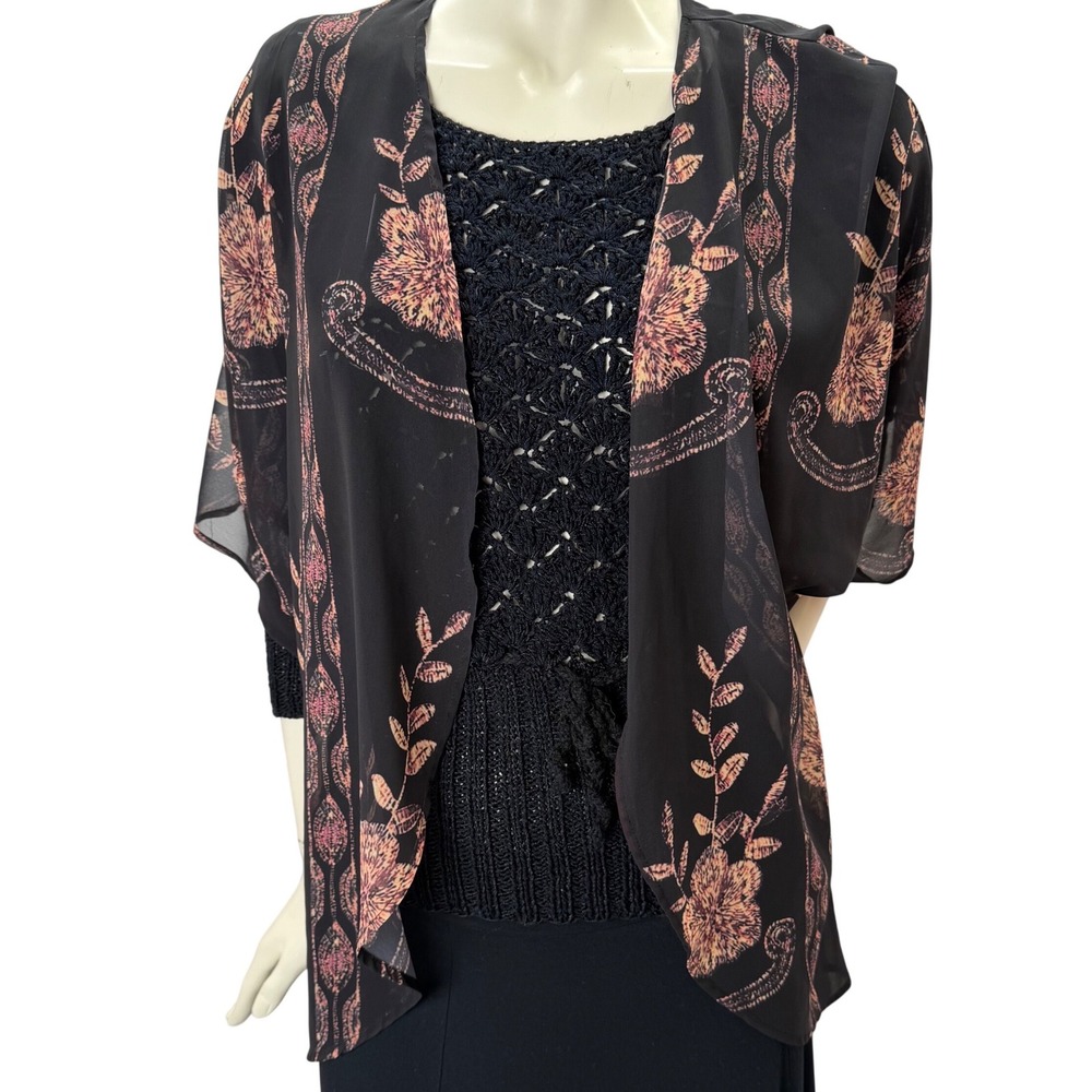 Womens Sheer Black Floral Kimono Wrap Open Front Draped Chiffon Boho Romantic‎